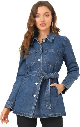 Allegra K Women's Casual Jean Jackets Long Sleeves Tie Waist Button Down Denim Jacket