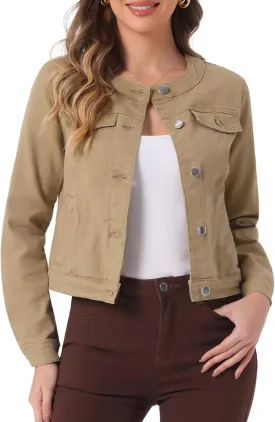 Allegra K Women's Denim Jacket Button Down Collarless Long Sleeve Jean Jackets