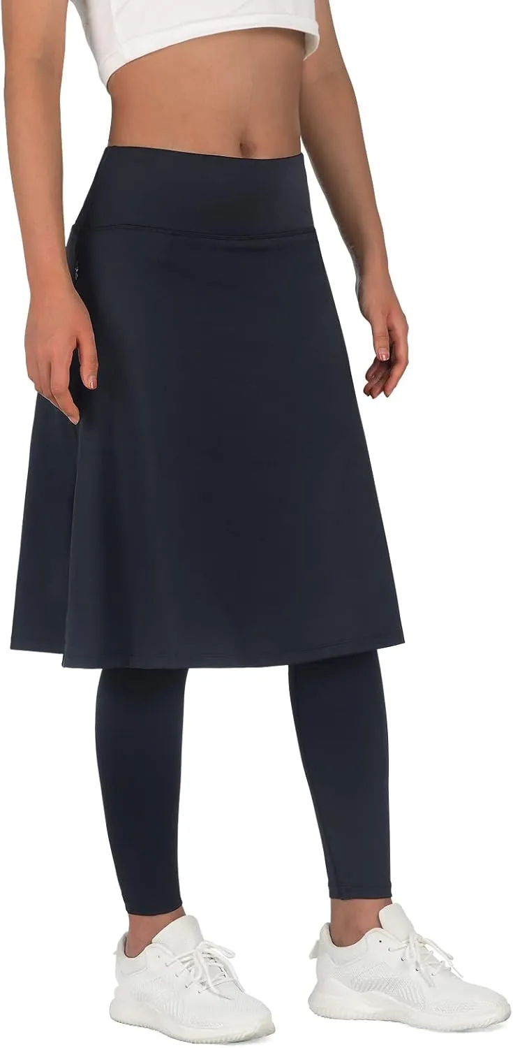 ANIVIVO Women Long Knee Length Skirt with Full Leggings,Skirted Leggings with High Waisted Pockets
