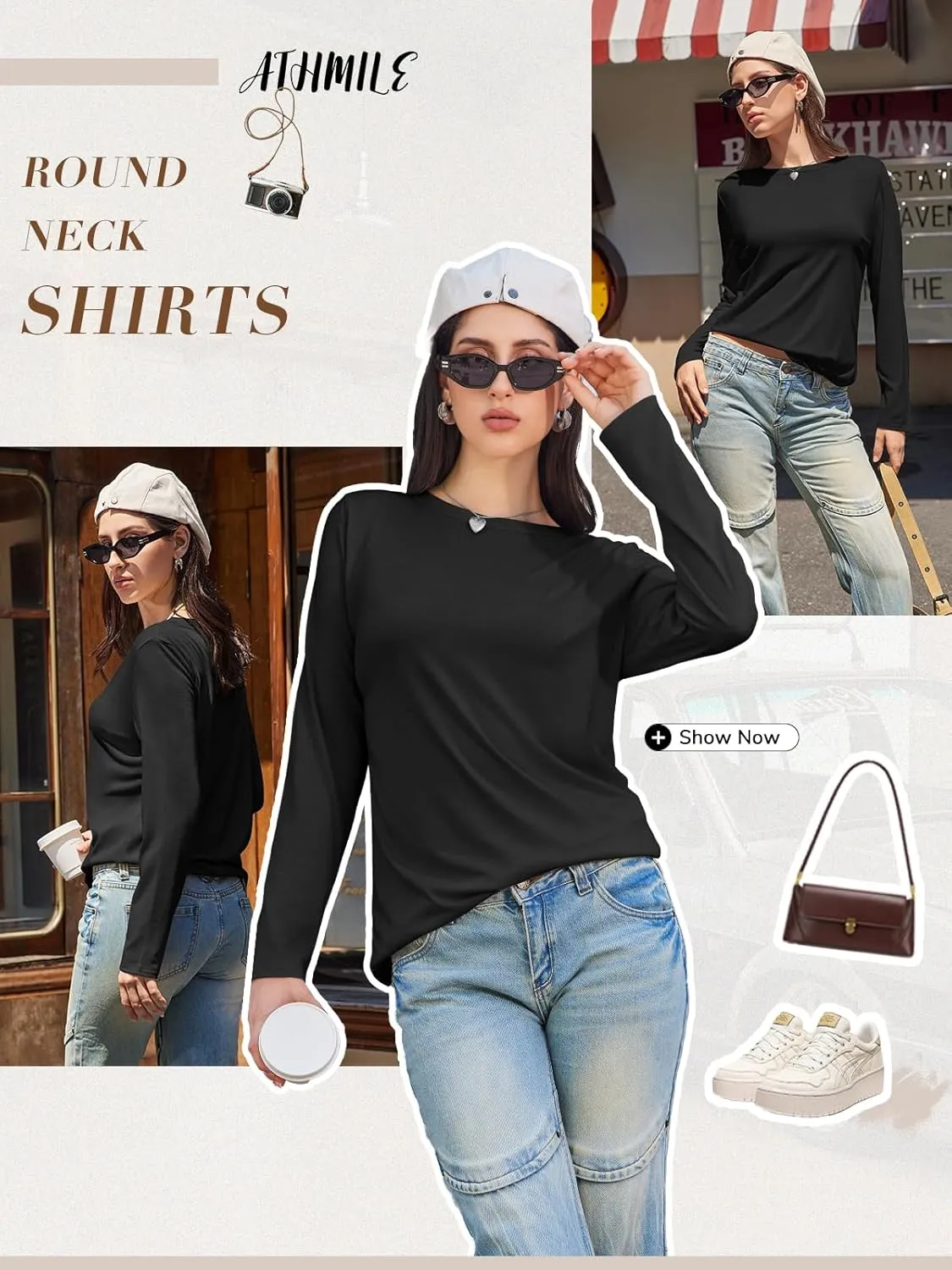 ATHMILE Womens Long Sleeve Shirts Basic Tee Fall Trendy Spring Top Business Casual Beach Vacation Workout 2025 Fashion