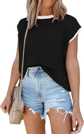 Disamer Womens Summer Cap Sleeve Tops Sleeveless Sweater Vest Casual Loose Fit Striped Knit Lightweight Pullover