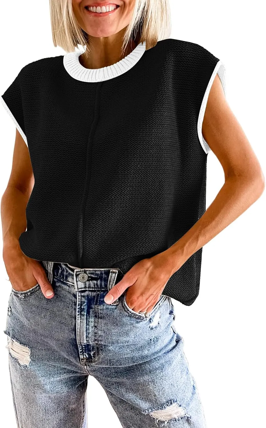 Disamer Womens Summer Cap Sleeve Tops Sleeveless Sweater Vest Casual Loose Fit Striped Knit Lightweight Pullover