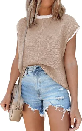 Disamer Womens Summer Cap Sleeve Tops Sleeveless Sweater Vest Casual Loose Fit Striped Knit Lightweight Pullover