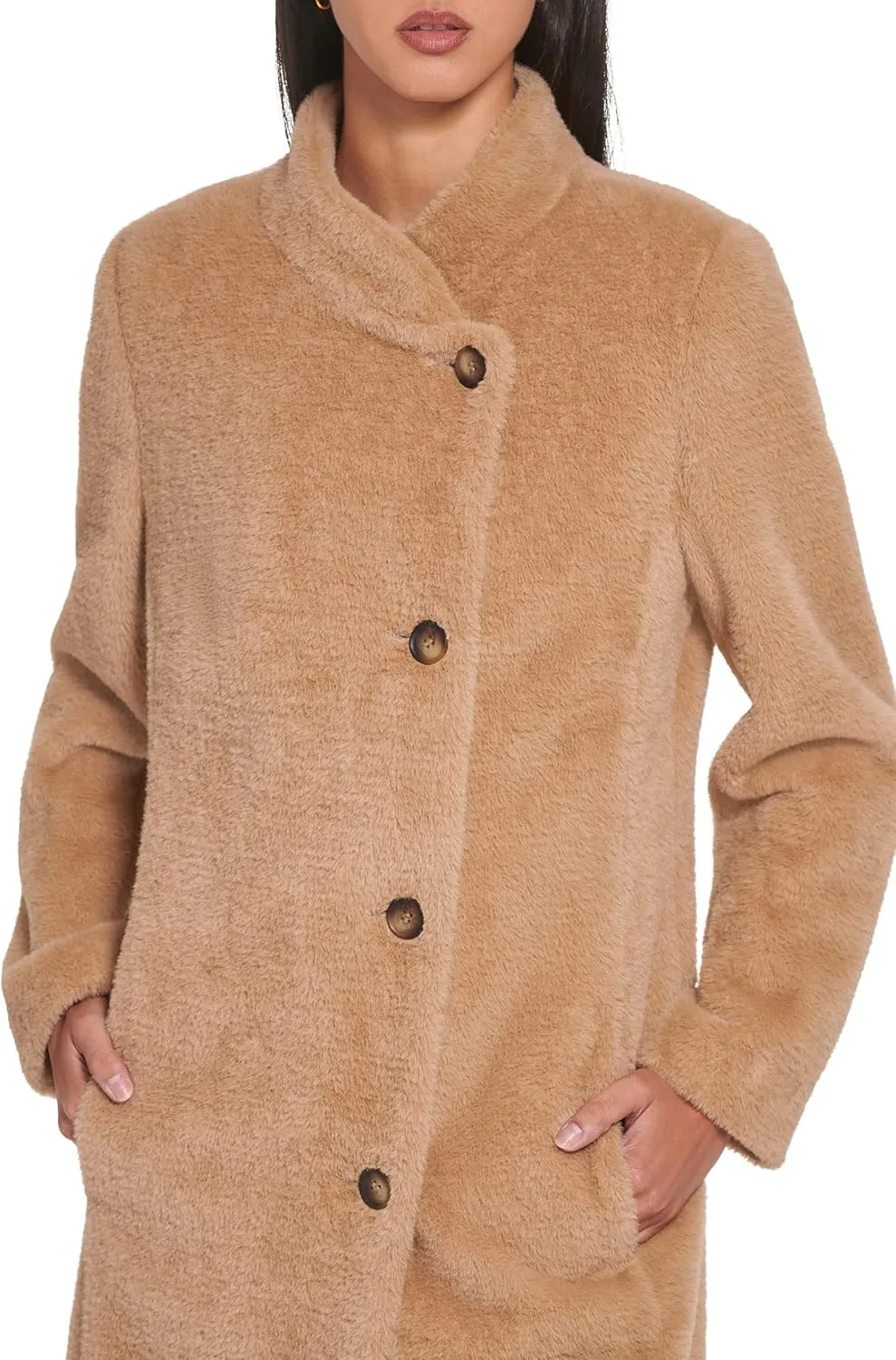 DKNY Womens Wool-Blend Button-up Asymmetrical Overcoat
