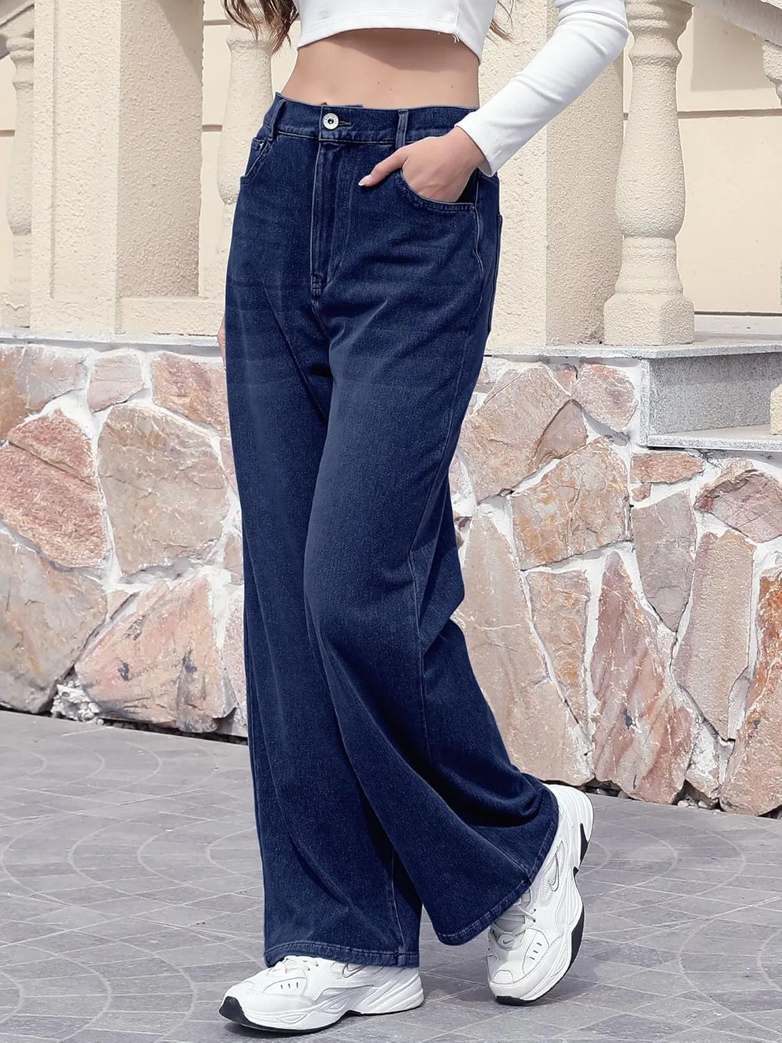 ELLEVEN High Stretchy Sweatpant Jeans Women, Elastic Waist Wide Leg Baggy Knit Jeans Straight Leg High Waisted Pull on Jeans