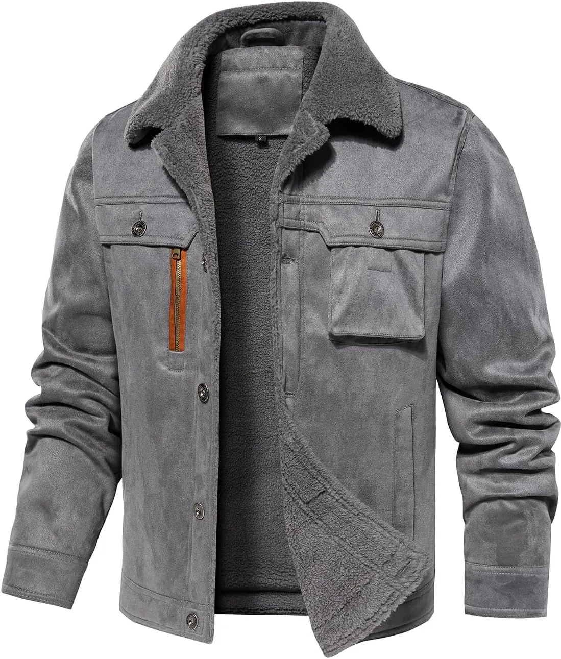 FANARCHER Mens Casual Winter Jackets Faux Suede Leather Sherpa Jackets Warm Fleece Lined Turn-Down Coat with 5 Pockets