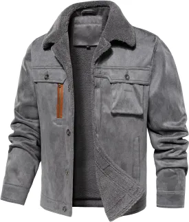 FANARCHER Mens Casual Winter Jackets Faux Suede Leather Sherpa Jackets Warm Fleece Lined Turn-Down Coat with 5 Pockets