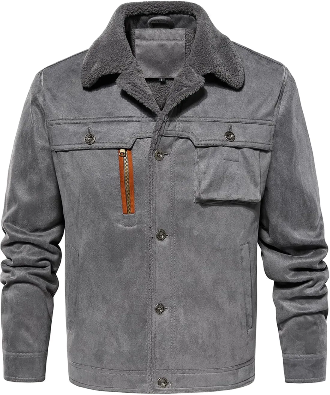 FANARCHER Mens Casual Winter Jackets Faux Suede Leather Sherpa Jackets Warm Fleece Lined Turn-Down Coat with 5 Pockets