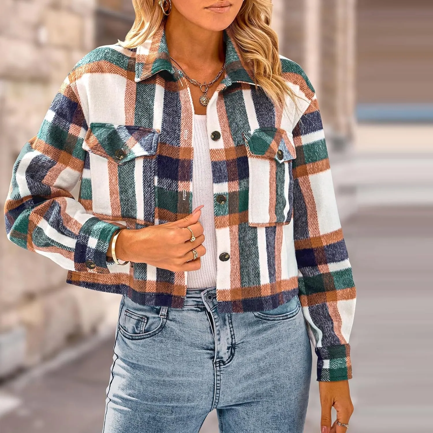 Flannels for Women Cropped Shacket Jacket Fashion Plaid Lapel Collars Button Down Shirt 2024 Fall Coat Tops