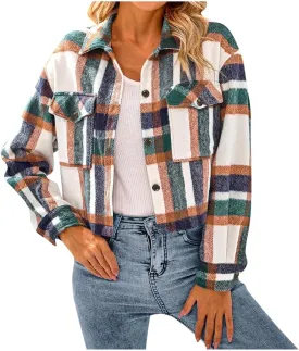 Flannels for Women Cropped Shacket Jacket Fashion Plaid Lapel Collars Button Down Shirt 2024 Fall Coat Tops