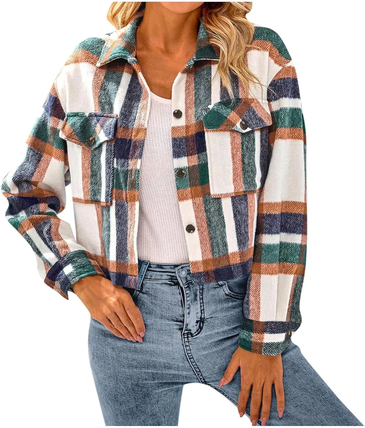 Flannels for Women Cropped Shacket Jacket Fashion Plaid Lapel Collars Button Down Shirt 2024 Fall Coat Tops