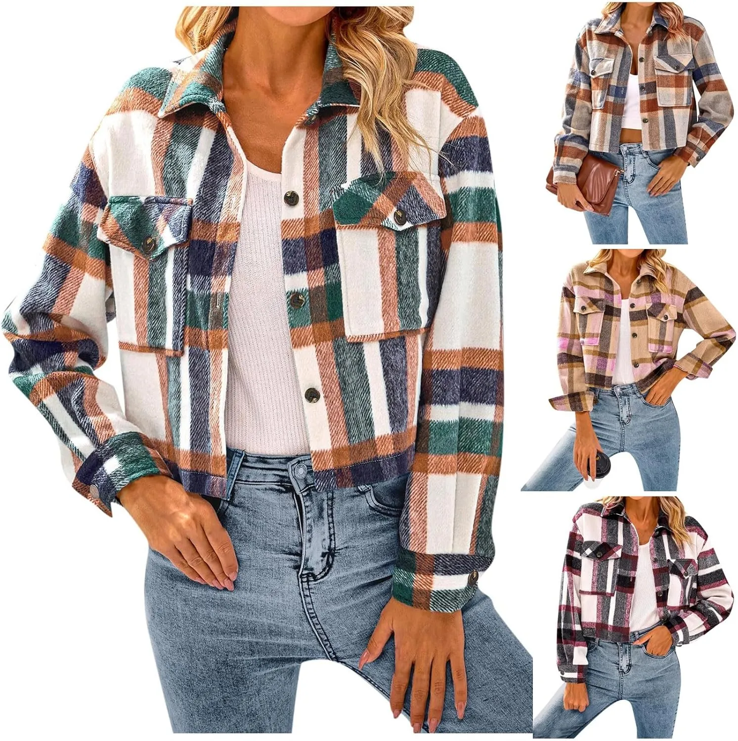Flannels for Women Cropped Shacket Jacket Fashion Plaid Lapel Collars Button Down Shirt 2024 Fall Coat Tops