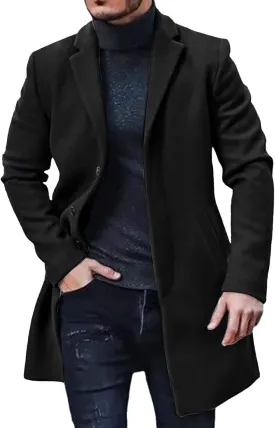 Fxbar Men's Solid Color Spread Collar Trench Coat Classic Single Breasted Extra Long Jacket Streetwear (Z1-Black, L)