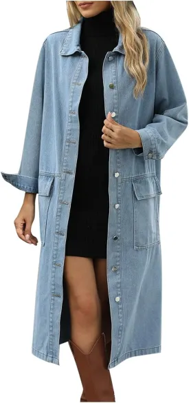HGps8w Denim Jackets for Women Loose Button Down Long Jean Jacket Long Sleeve Trench Coat with Pockets