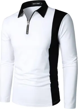 HOOD CREW Mens Long Sleeve Polo Shirts Fashion Color Block Zipper T Shirts