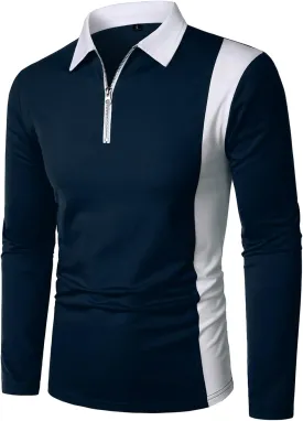 HOOD CREW Mens Long Sleeve Polo Shirts Fashion Color Block Zipper T Shirts