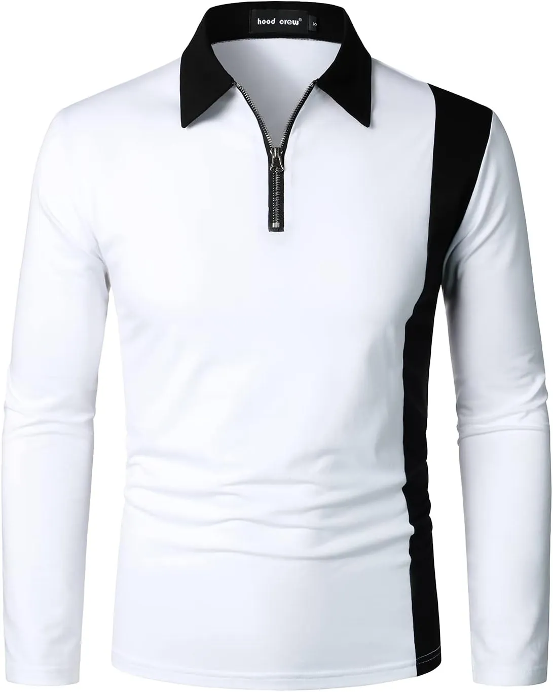 HOOD CREW Mens Long Sleeve Polo Shirts Fashion Color Block Zipper T Shirts