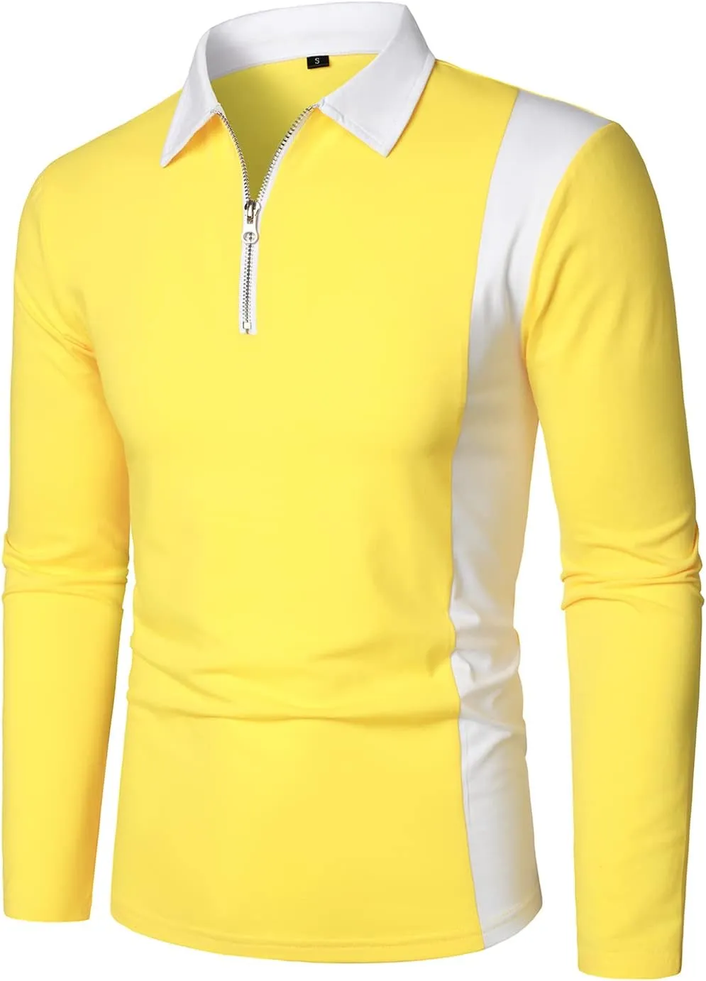 HOOD CREW Mens Long Sleeve Polo Shirts Fashion Color Block Zipper T Shirts