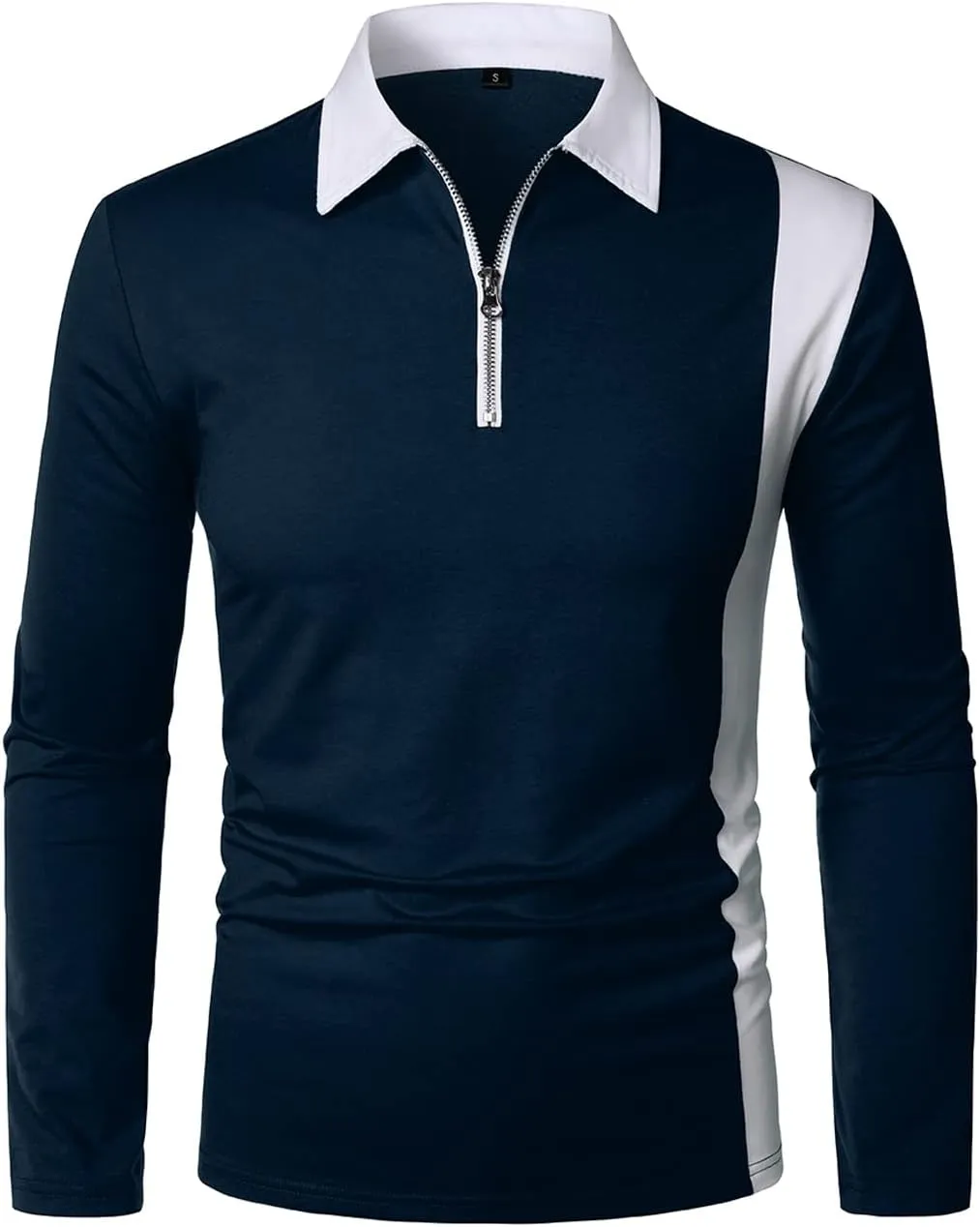 HOOD CREW Mens Long Sleeve Polo Shirts Fashion Color Block Zipper T Shirts