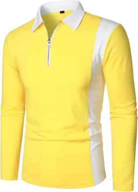 HOOD CREW Mens Long Sleeve Polo Shirts Fashion Color Block Zipper T Shirts