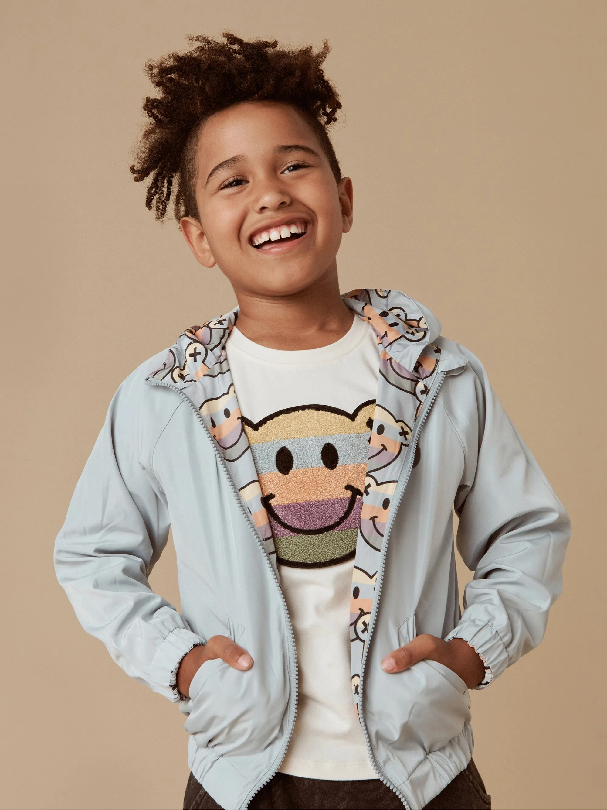 Huxbaby Smile Bear Reversible Rain Jacket - Dusty Sky