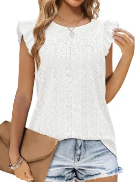 Jescakoo Summer Crewneck Tank Top for Women Ruffle Sleeve Blouses Fashion Eyelet