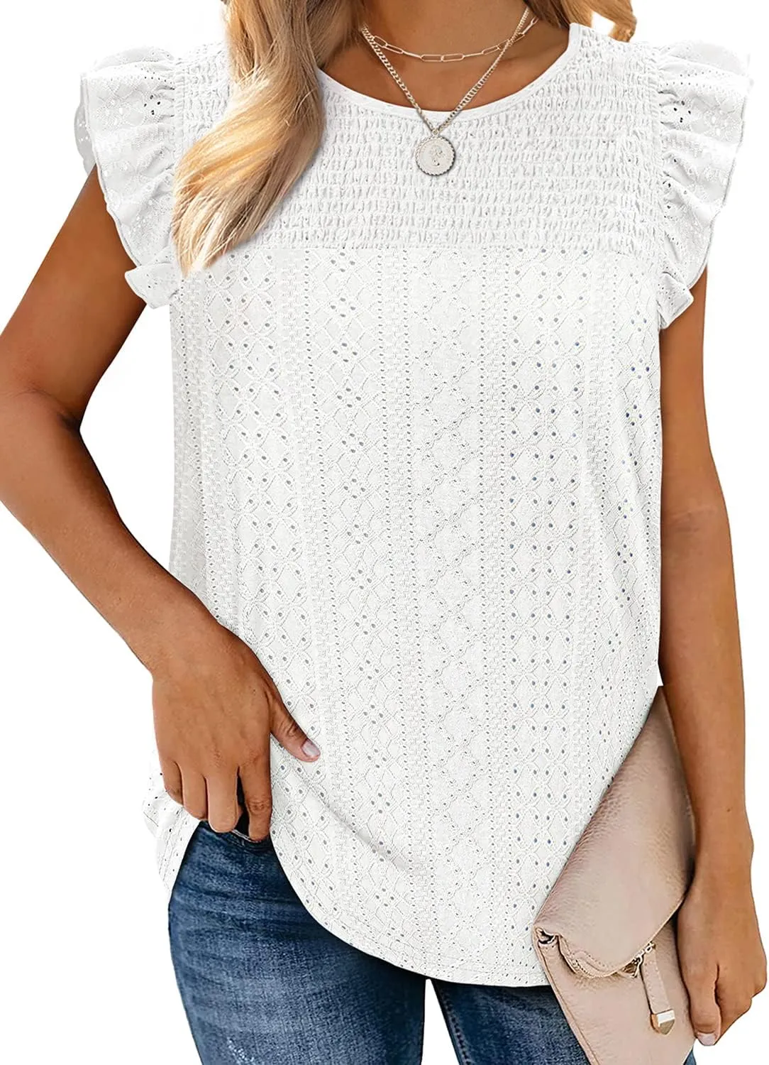 Jescakoo Summer Crewneck Tank Top for Women Ruffle Sleeve Blouses Fashion Eyelet