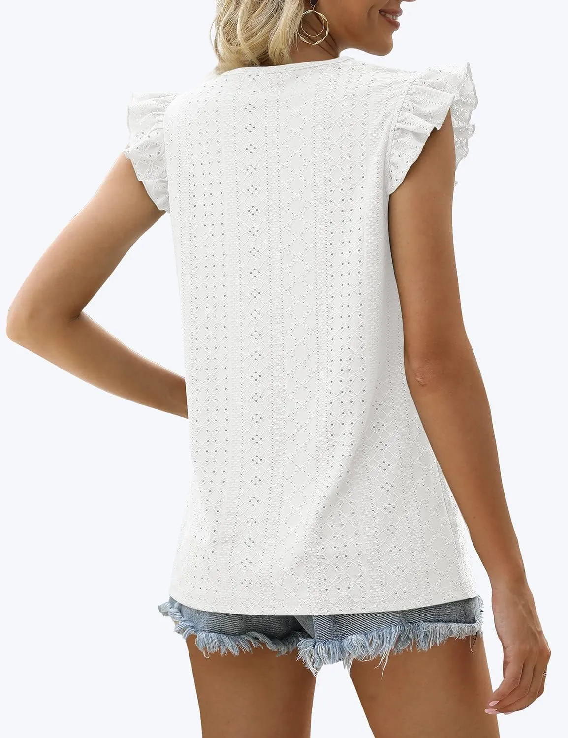 Jescakoo Summer Crewneck Tank Top for Women Ruffle Sleeve Blouses Fashion Eyelet