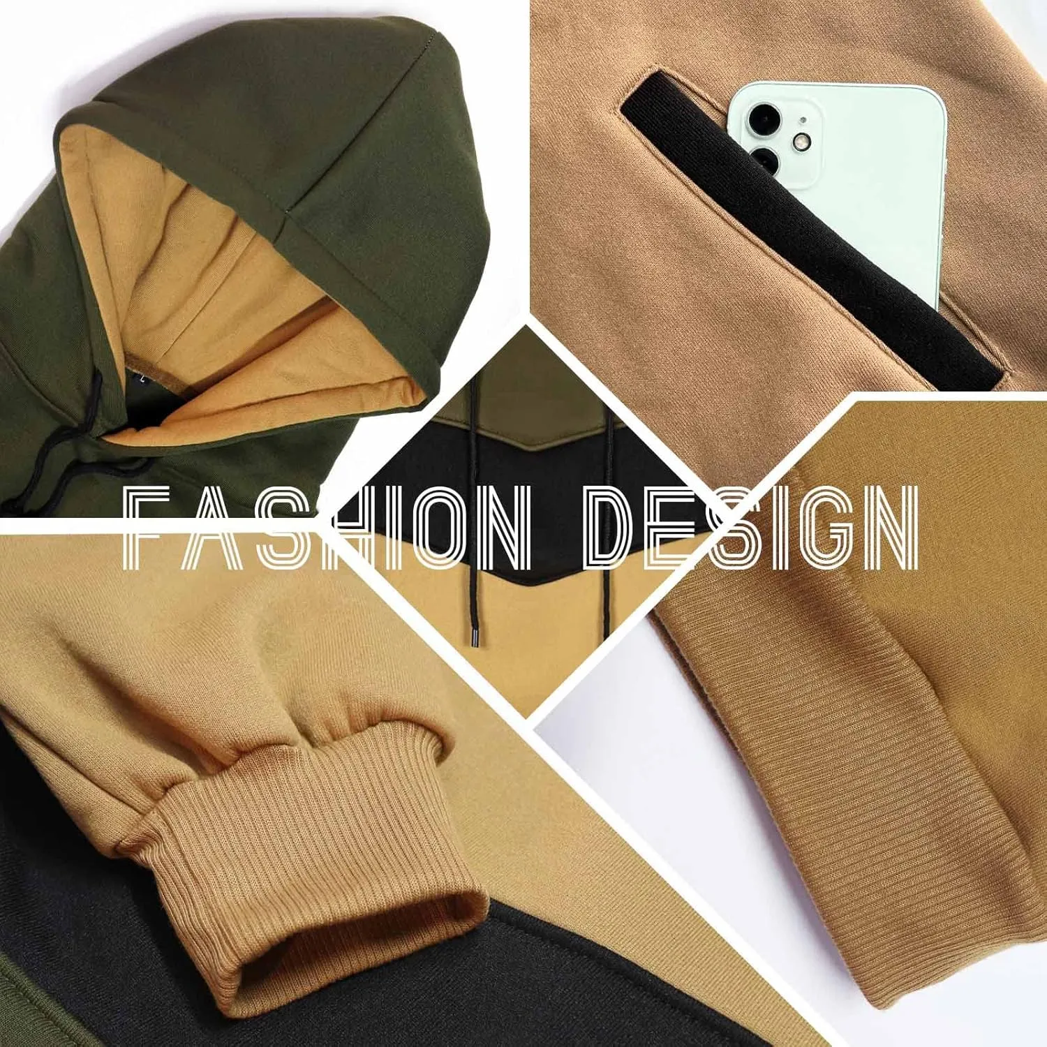 Keasmto Mens Hoodies Pullover Sweatshirt Color Block Fleece Long Sleeve Patchwork Casual Hoodie with Pockets