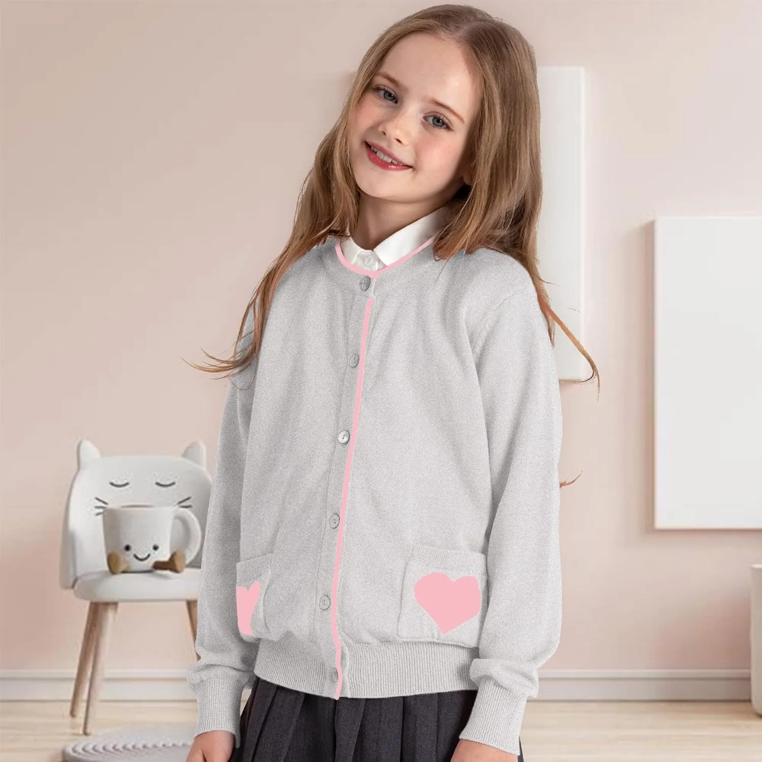 Kid Nation Girls' Cute Cardigan with Heart Pockets