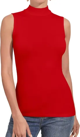 MANGDIUP Women's Mock Turtleneck Long Sleeve Sleeveless Pullover Tops Slim Fit Basic T-Shirts