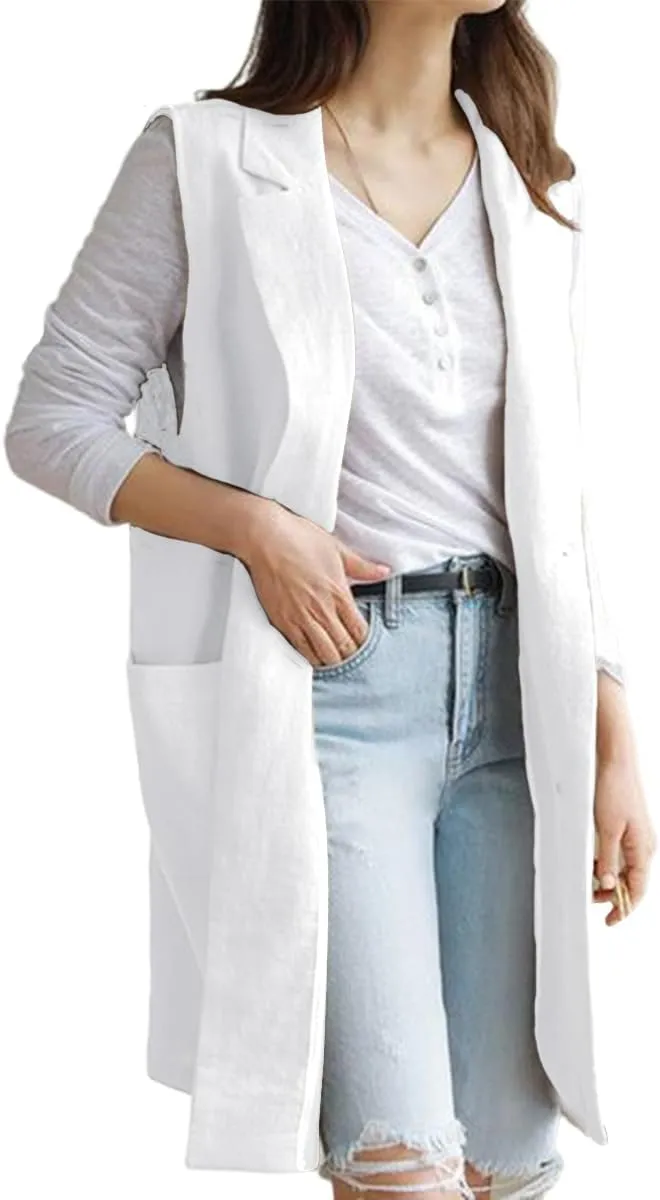 Mywinway Long Linen Vest Women 2024 Casual Fashion Button Down Vest Summer Sleeveless Blazer Jackets