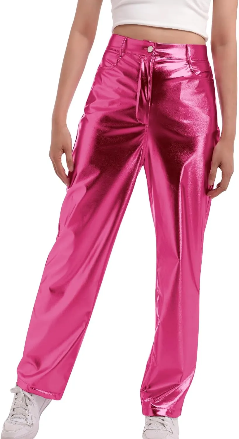 ODIZLI Pettie Women's Shiny Metallic Holographic High Waist Straight Leg Faux Leather Pants with Pockets