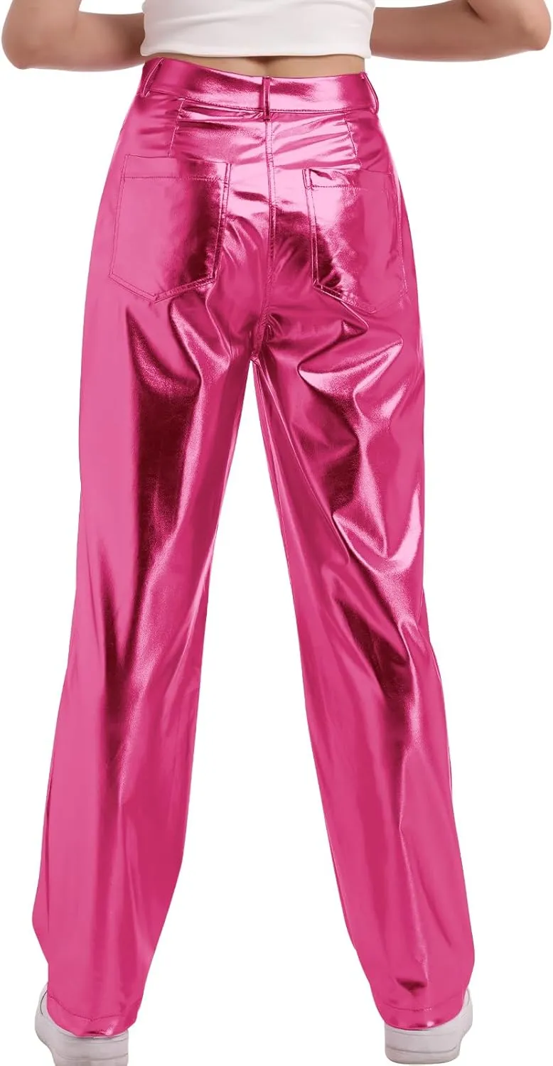 ODIZLI Pettie Women's Shiny Metallic Holographic High Waist Straight Leg Faux Leather Pants with Pockets