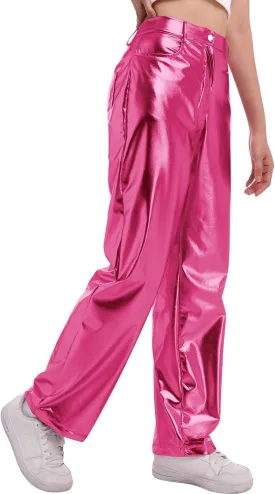 ODIZLI Pettie Women's Shiny Metallic Holographic High Waist Straight Leg Faux Leather Pants with Pockets