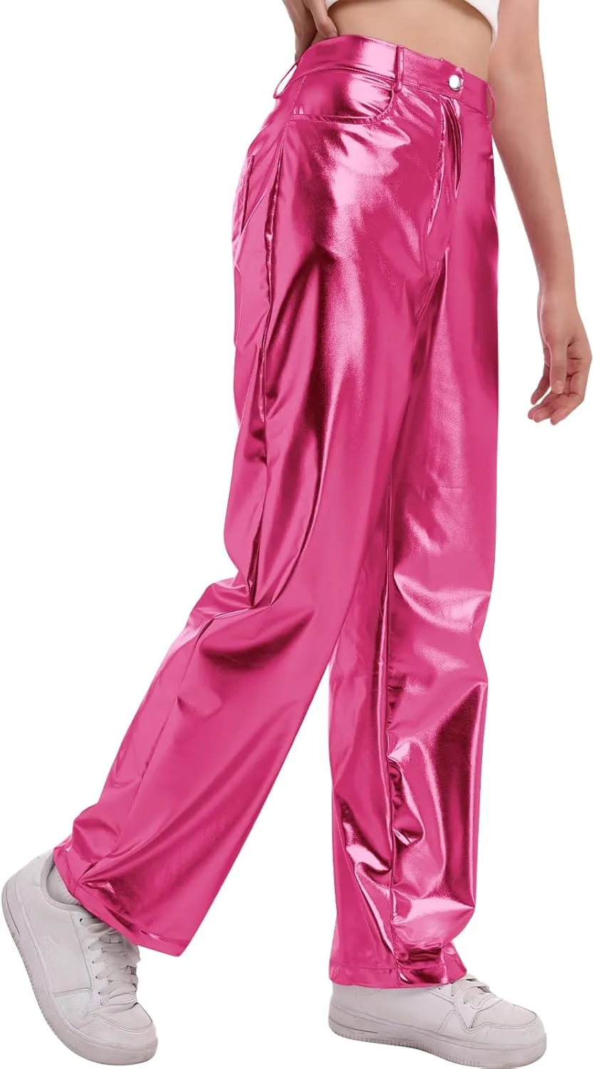 ODIZLI Pettie Women's Shiny Metallic Holographic High Waist Straight Leg Faux Leather Pants with Pockets