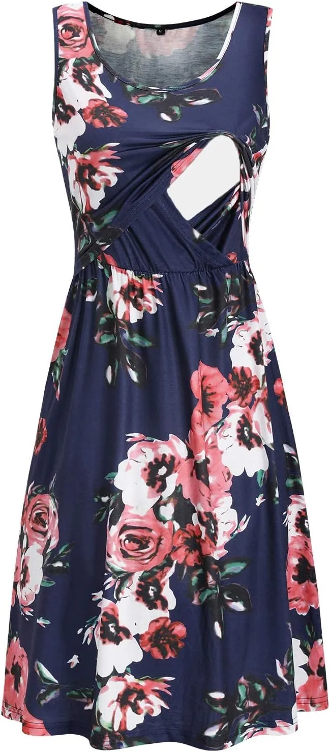 OUGES Womens Solid/Floral Maternity Dresses Sleeveless/Long Sleeve Nursing Gown Breastfeeding Clothes