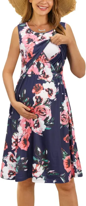 OUGES Womens Solid/Floral Maternity Dresses Sleeveless/Long Sleeve Nursing Gown Breastfeeding Clothes