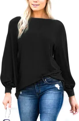 PESION Womens Casual Bishop Sleeve Blouse Boat Neck T-Shirts Tunic Tops
