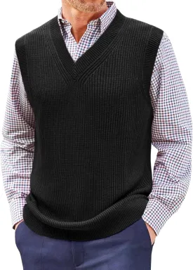 Runcati Mens V Neck Sweater Vest Knit Pullover Tops Casual Sleeveless Sweaters