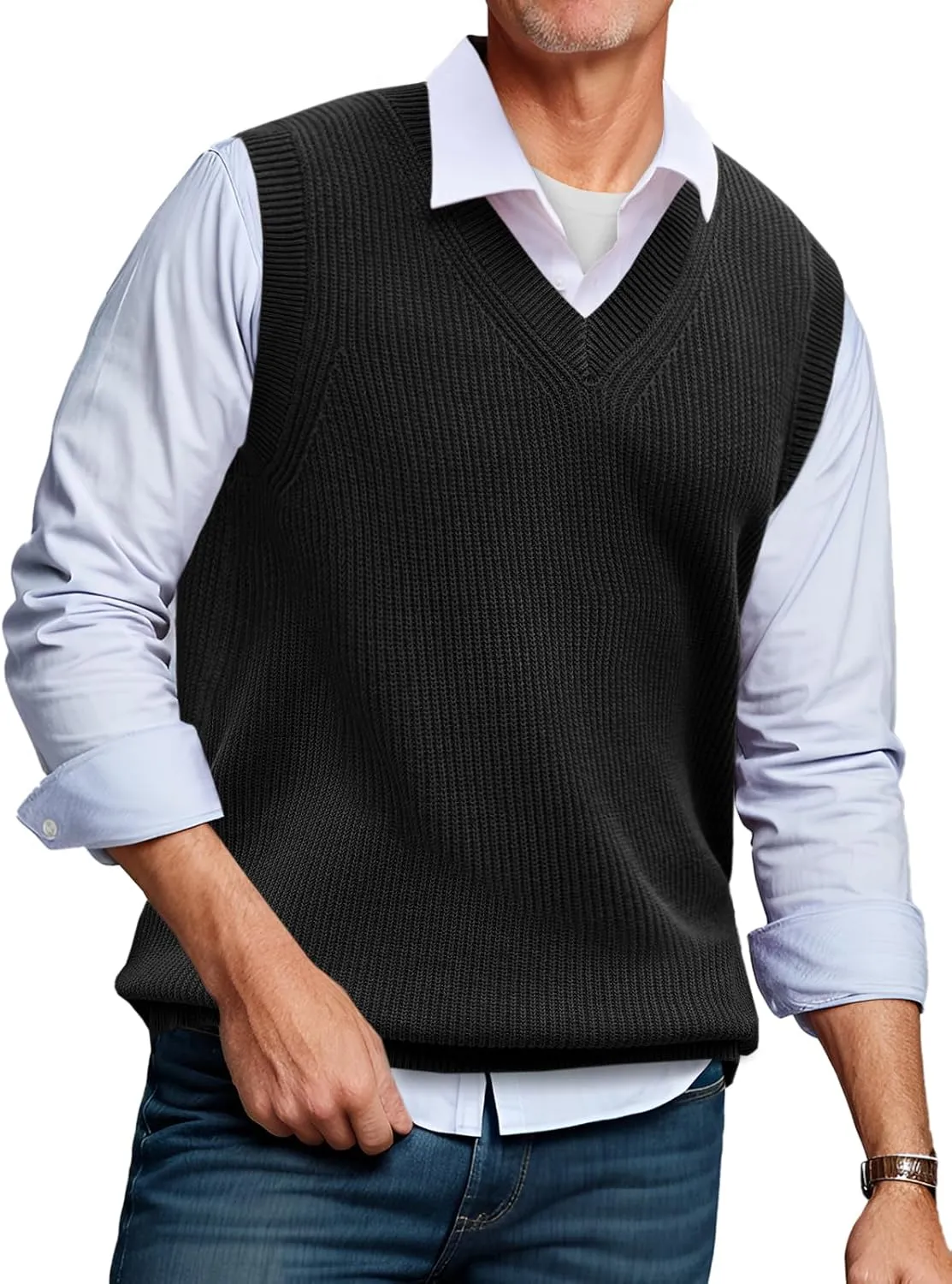 Runcati Mens V Neck Sweater Vest Knit Pullover Tops Casual Sleeveless Sweaters