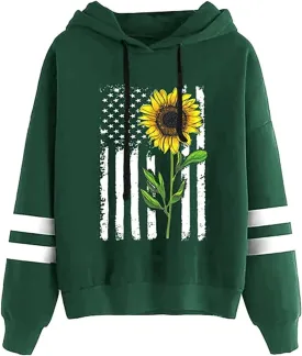 TICTICMIMI Women Sunflower Print Sweatshirts Color Block Long Sleeve Hoodies Lightweight Drawstring Pullover Tops