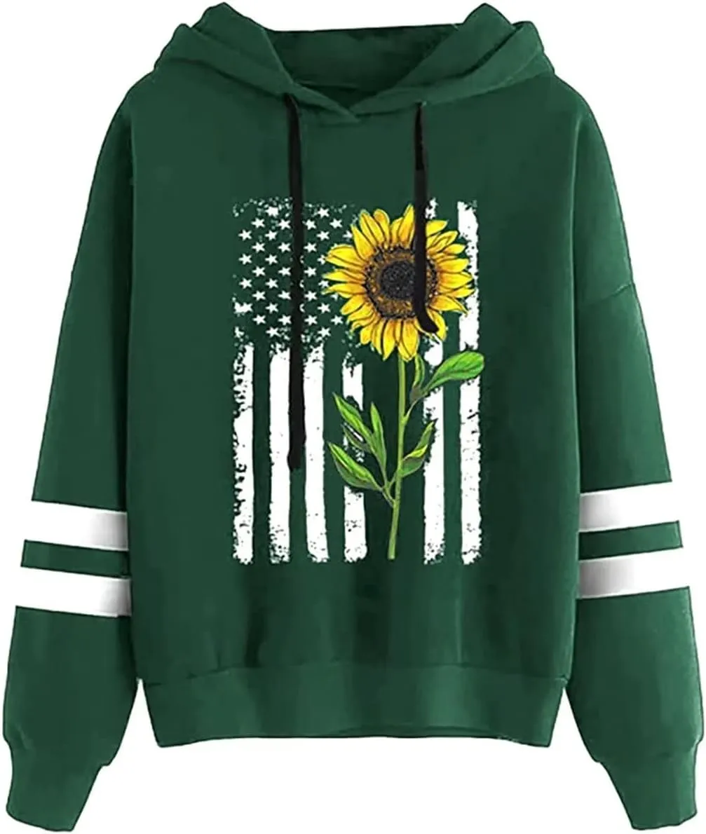 TICTICMIMI Women Sunflower Print Sweatshirts Color Block Long Sleeve Hoodies Lightweight Drawstring Pullover Tops