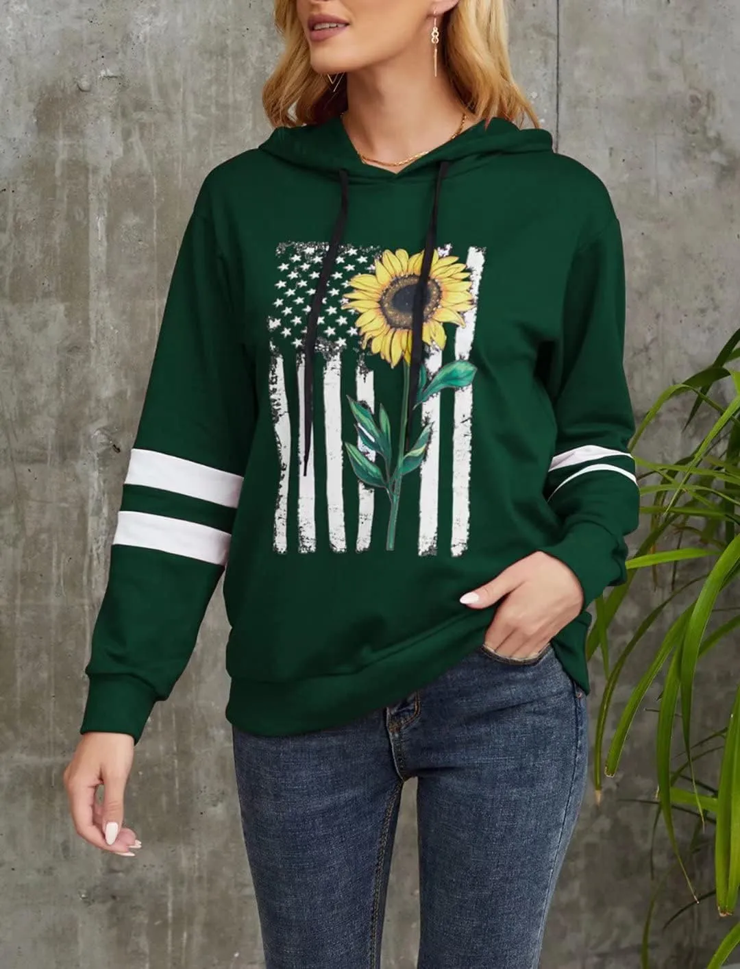 TICTICMIMI Women Sunflower Print Sweatshirts Color Block Long Sleeve Hoodies Lightweight Drawstring Pullover Tops