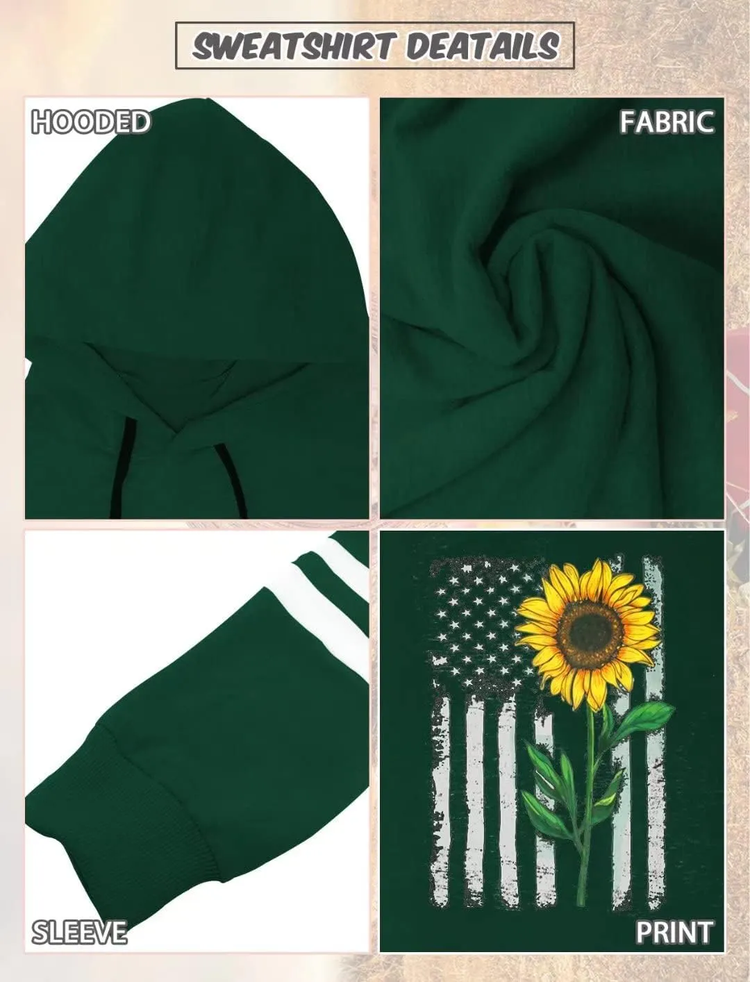 TICTICMIMI Women Sunflower Print Sweatshirts Color Block Long Sleeve Hoodies Lightweight Drawstring Pullover Tops