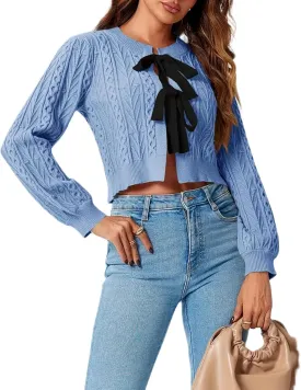 Tie Front Cardigan Sweaters for Women Cute Knit Long Sleeve Bow Tie Crop Blouse Top Y2K Cable Knit Ribbon Lace Up Sweater