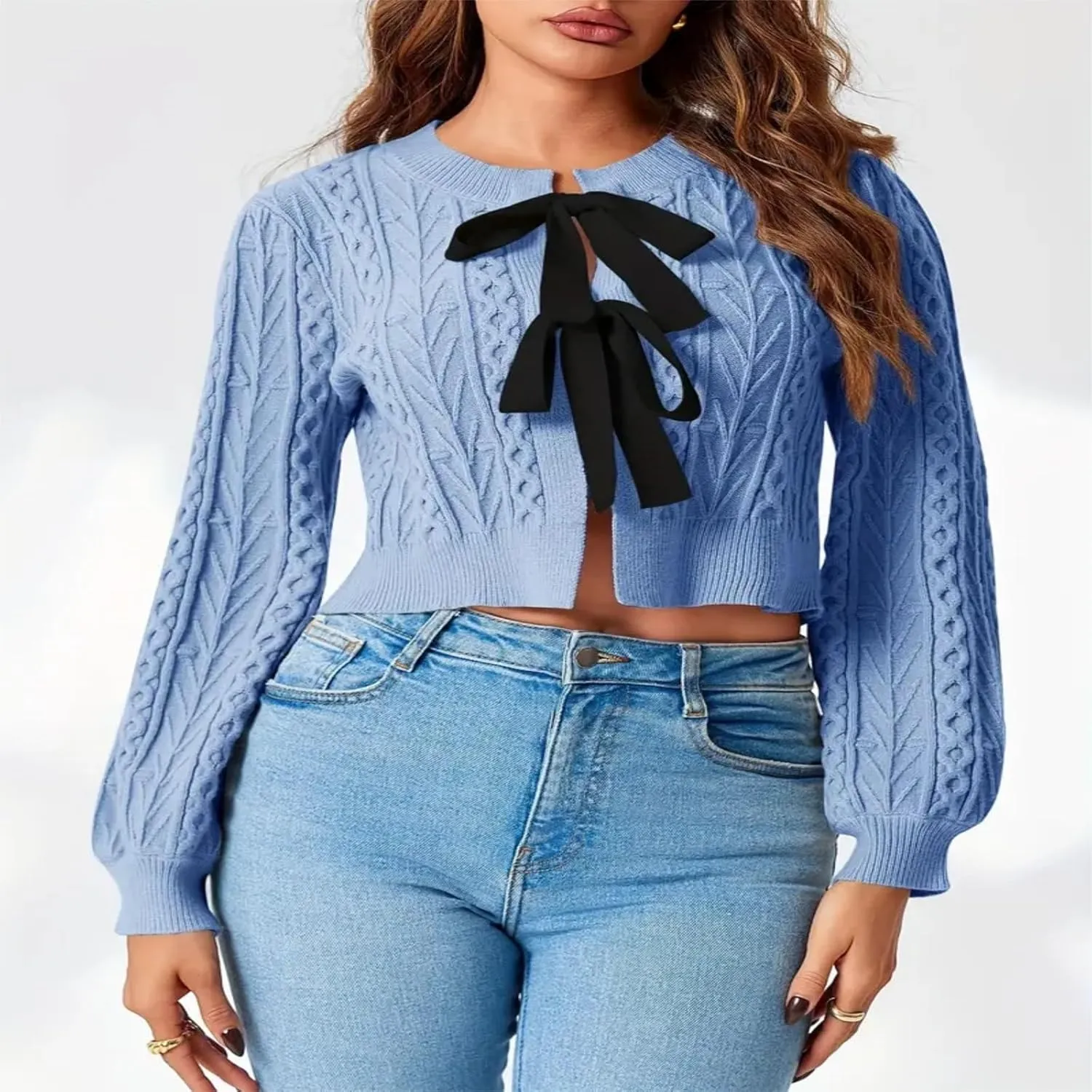 Tie Front Cardigan Sweaters for Women Cute Knit Long Sleeve Bow Tie Crop Blouse Top Y2K Cable Knit Ribbon Lace Up Sweater