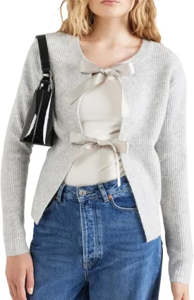 Tie Front Cardigan Sweaters for Women Cute Knit Long Sleeve Bow Tie Crop Blouse Top Y2K Cable Knit Ribbon Lace Up Sweater