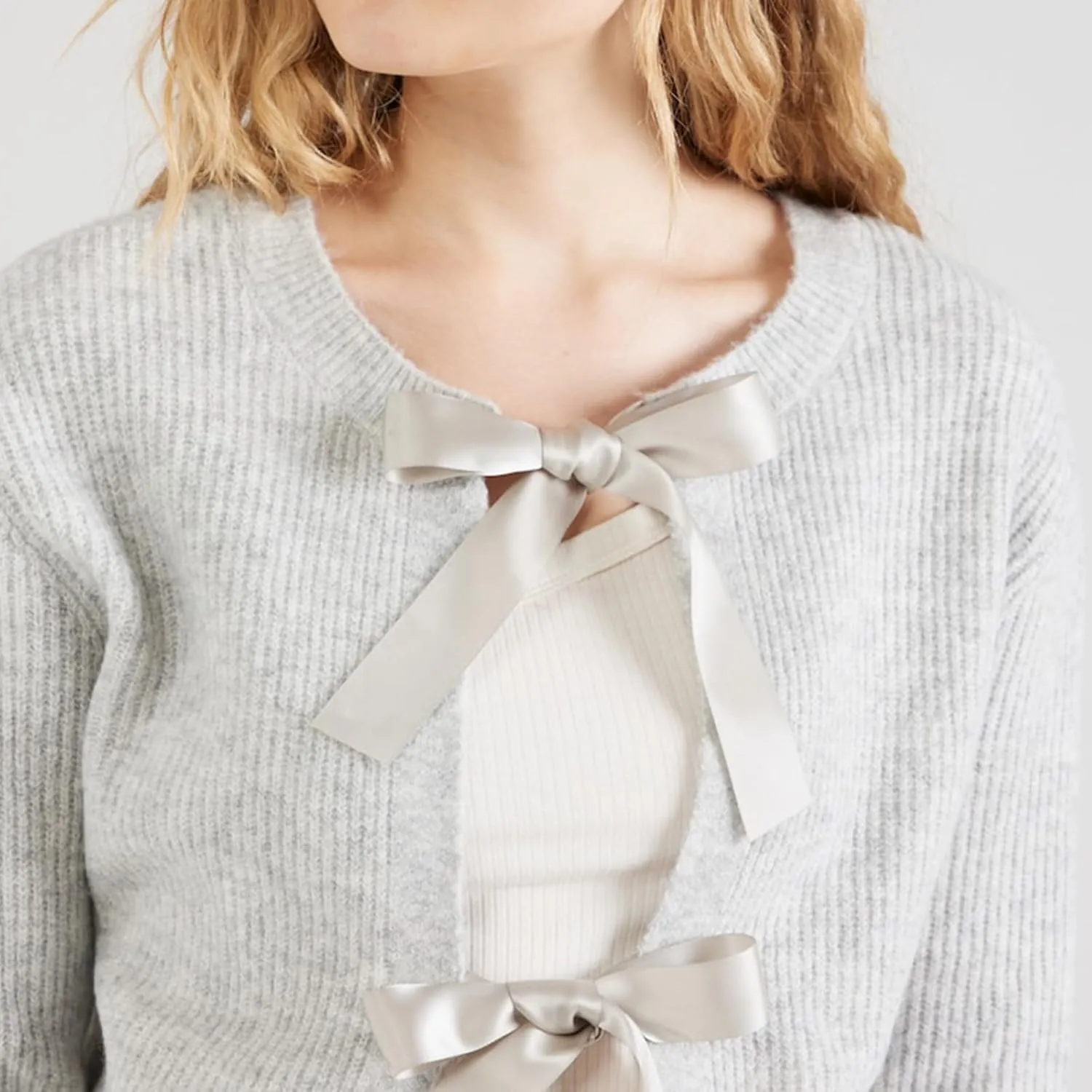 Tie Front Cardigan Sweaters for Women Cute Knit Long Sleeve Bow Tie Crop Blouse Top Y2K Cable Knit Ribbon Lace Up Sweater