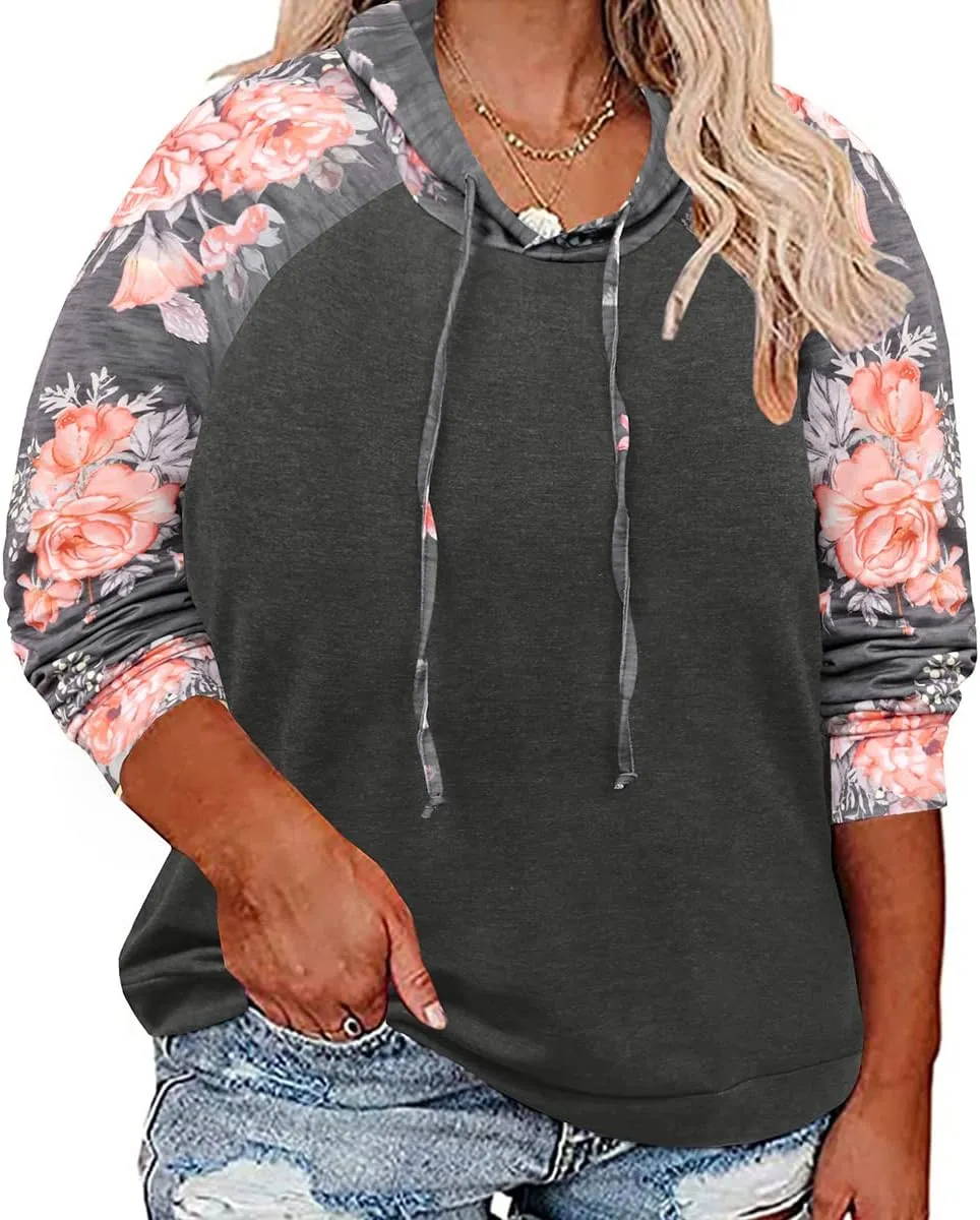 TIYOMI Plus Size Drawstring Hoodies Women Raglan Sweatshirt Round Neck Colorblock Tops Autumn Fall Winter Hoodie XL-5XL 14-28